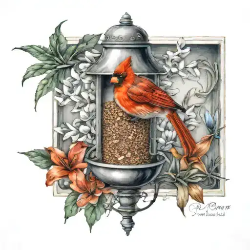 bird feeder, cardinal, bluebird, tiger lillies thigh tattoo tattoo design idea