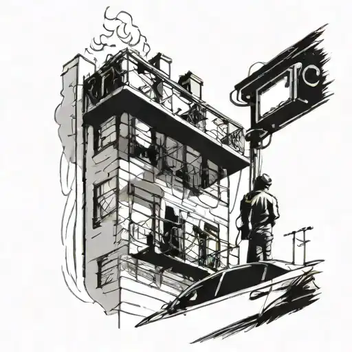 man on balcony of apartment on fire looking at car at traffic light tattoo design idea