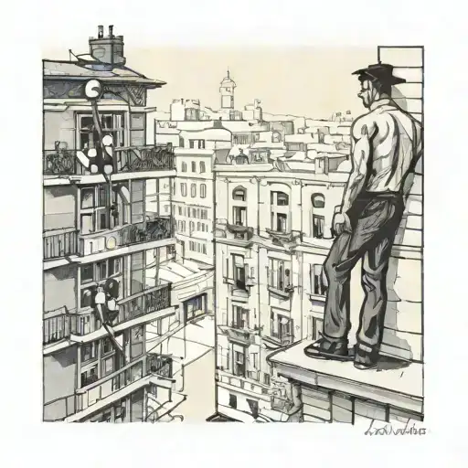 man on balcony of apartment on fire looking at car at traffic light tattoo design idea