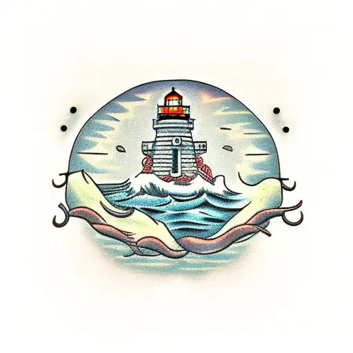 Octopus boat lighthouse frame tattoo design idea