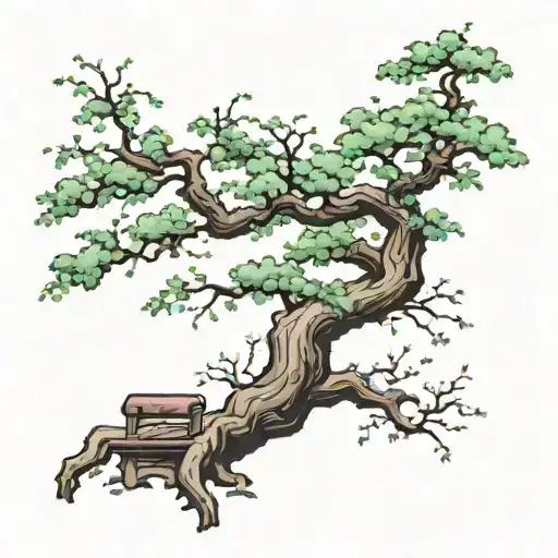 a Japanese cherry tree in the style of a bonsai on the right side of the back with a branch going up to the left arm with a couch tattoo design idea
