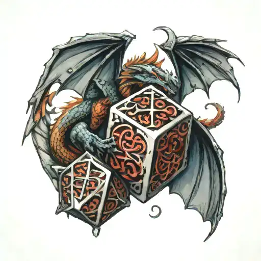 dnd dice with dragon flying tattoo design idea