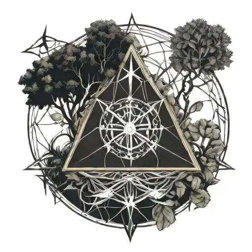 Three intertwined triangles, tree of life, clock, sword, tattoo design idea