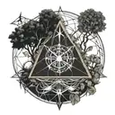 Three intertwined triangles, tree of life, clock, sword, tattoo design idea