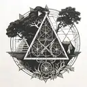 Three intertwined triangles, tree of life, clock, sword, tattoo design idea