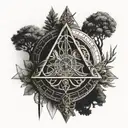 Three intertwined triangles, tree of life, clock, sword, tattoo design idea