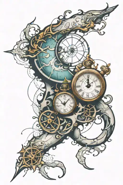Nautical Map with Clock breaking through the skin tattoo design idea