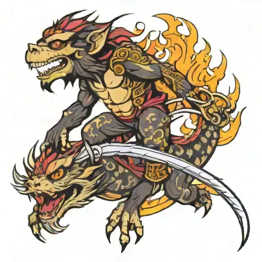 monkey riding dragon with flaming sword tattoo design idea
