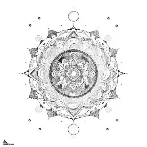Cosmic mandala incorporating elements of space and crystals tattoo design idea