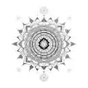 Cosmic mandala incorporating elements of space and crystals tattoo design idea