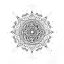 Cosmic mandala incorporating elements of space and crystals tattoo design idea