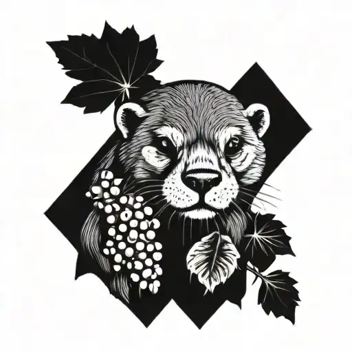 Otter holding lemon, grapes, and poppy flowers. Diamond shaped background. tattoo design idea