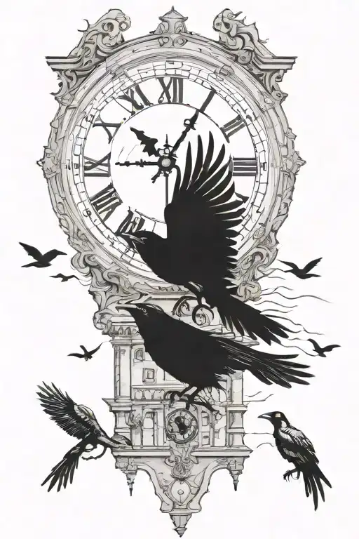 clock tower crows flying tattoo design idea