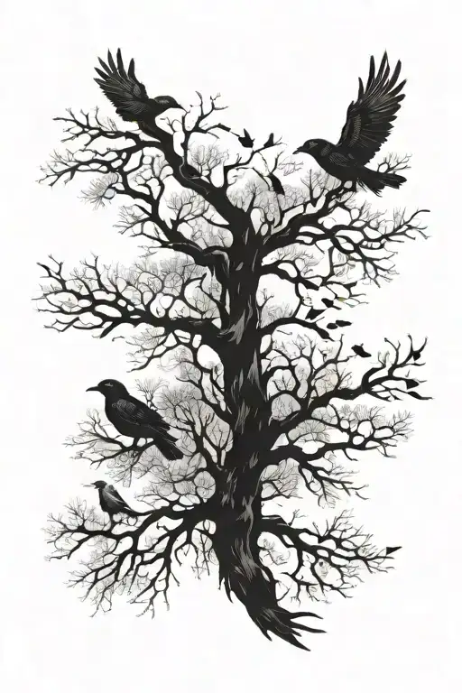 crows flying in tree filled park tattoo design idea