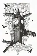 clock tower crows flying tattoo design idea