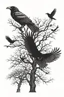 crows flying in tree filled park tattoo design idea