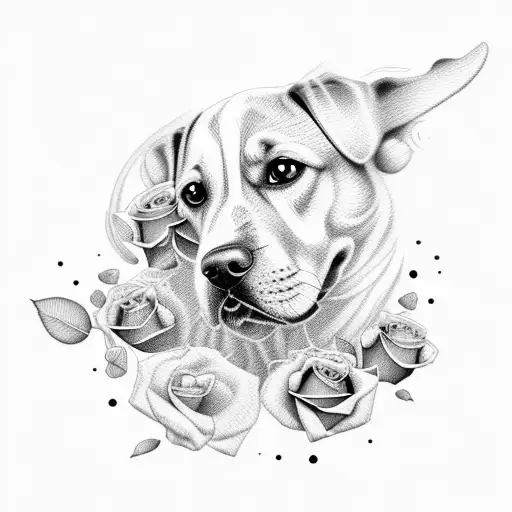 Dog name with roses and tennis balls tattoo design idea