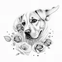Dog name with roses and tennis balls tattoo design idea