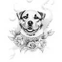 Dog name with roses and tennis balls tattoo design idea