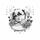 Dog name with roses and tennis balls tattoo design idea