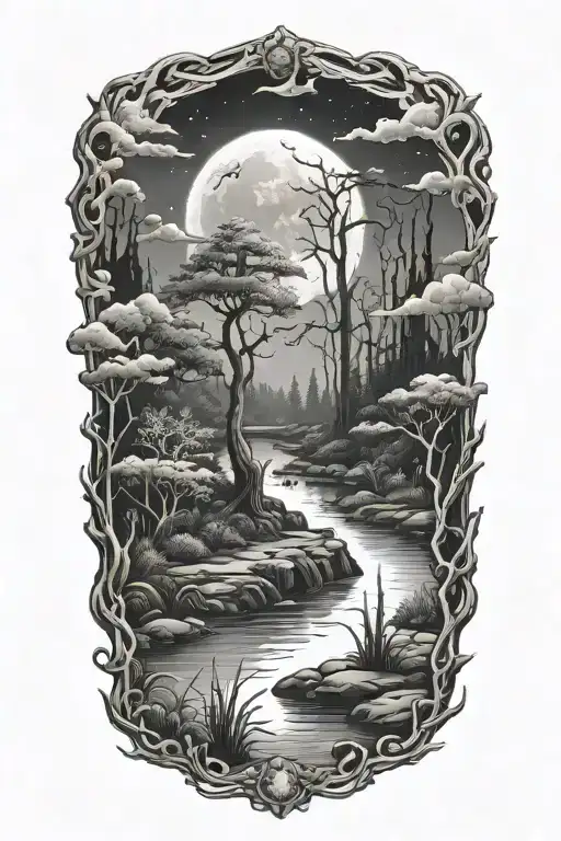A detailed tattoo of a moon shining over an enchanted swamp, with swamp life tattoo design idea