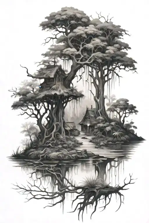 A detailed tattoo of an enchanted swamp symbolizing transformation  tattoo design idea
