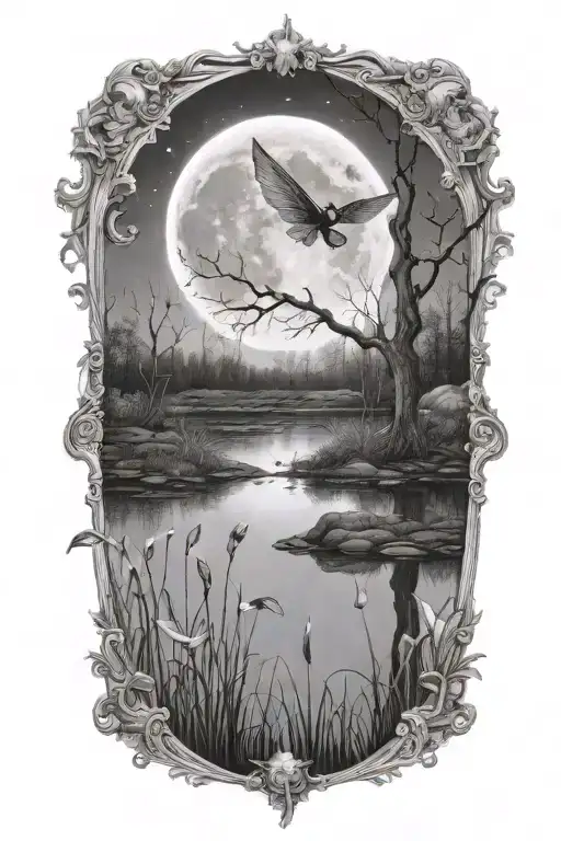 A detailed tattoo of a crescent moon shining over a swamp, with fireflies and frogs adding a touch of enchantment tattoo design idea