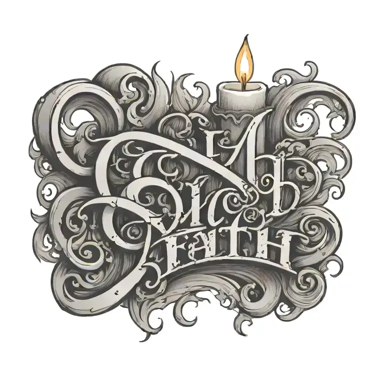 a candle with word faith on the side in cursive tattoo design idea
