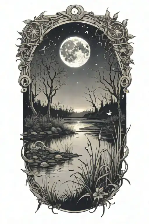 A detailed tattoo of a crescent moon shining over a swamp, with fireflies and frogs adding a touch of enchantment tattoo design idea