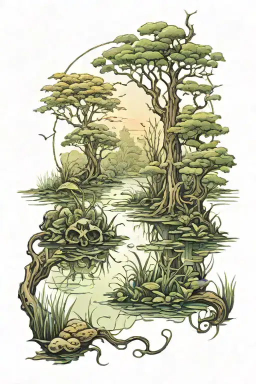 A detailed tattoo of an enchanted swamp symbolizing transformation  tattoo design idea