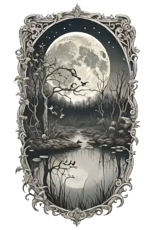 A detailed tattoo of a crescent moon shining over a swamp, with fireflies and frogs adding a touch of enchantment tattoo design idea