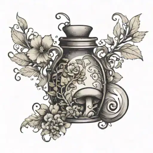 A mystical potion bottle overflowing with swirling vines, flowers, and mushrooms tattoo design idea