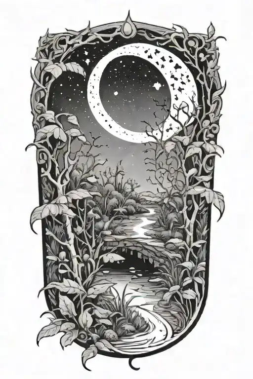 A detailed tattoo of a crescent moon shining over an enchanted swamp, with fireflies and frogs tattoo design idea