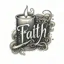 a candle with word faith on the side in cursive tattoo design idea