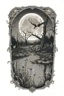 A detailed tattoo of a crescent moon shining over a swamp, with fireflies and frogs adding a touch of enchantment tattoo design idea