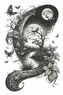 A detailed tattoo of a crescent moon shining over a swamp, with fireflies and frogs adding a touch of enchantment tattoo design idea