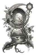 A detailed tattoo of a crescent moon shining over a swamp, with fireflies and frogs adding a touch of enchantment tattoo design idea