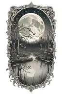 A detailed tattoo of a crescent moon shining over a swamp, with fireflies and frogs adding a touch of enchantment tattoo design idea