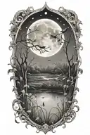 A detailed tattoo of a crescent moon shining over a swamp, with fireflies and frogs adding a touch of enchantment tattoo design idea