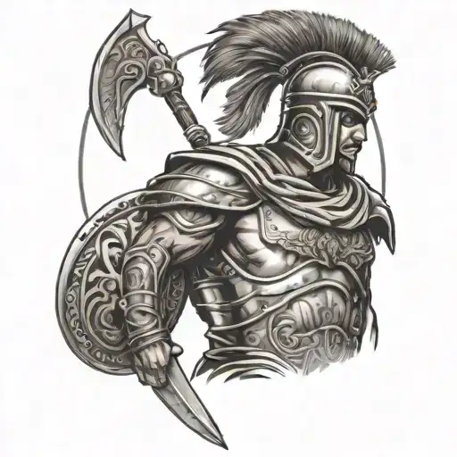 a big brown eye wirhA Greek warrior in full armor with a shield and spear  tattoo design idea
