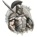 A Greek warrior in full armor with a shield and spear, depicted in a realistic black and grey style with brown eye  tattoo design idea