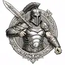 A Greek warrior in full armor with a shield and spear, depicted in a realistic black and grey style with brown eye  tattoo design idea