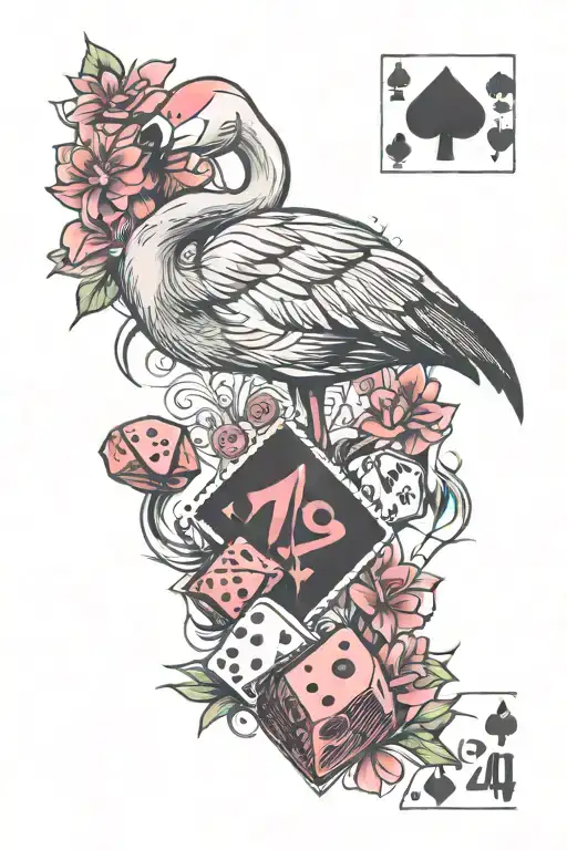 444, flamingo, dice, cards, love tattoo design idea