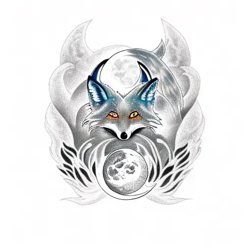 nine tail fox, moon and phoenix  tattoo design idea