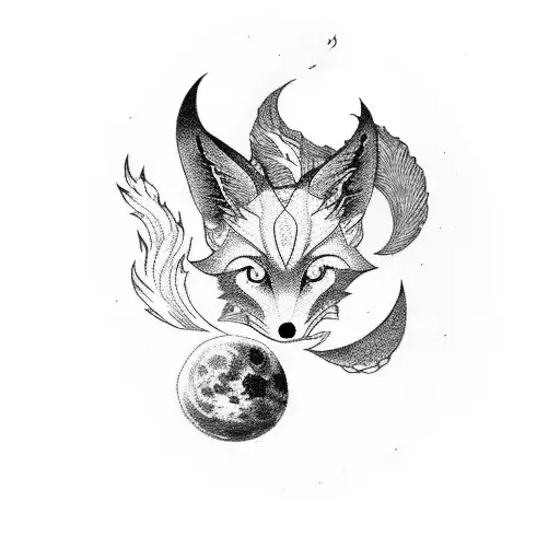 nine tail fox, moon and phoenix  tattoo design idea