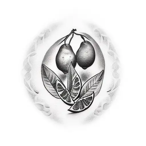 a tatoo of a lemon fruit with two leaves attached, leaves are made of 100$ bills tattoo design idea
