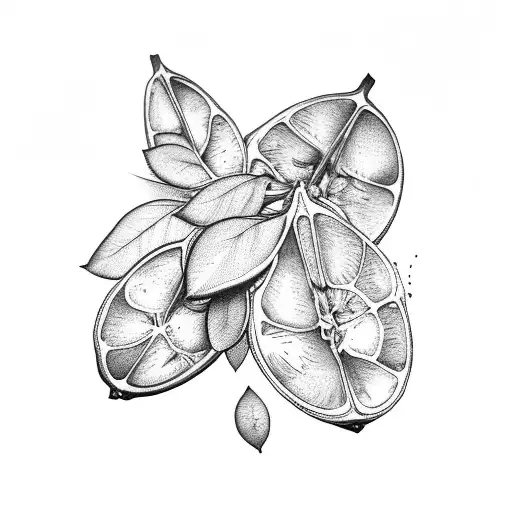 a lemon fruit with two leaves attached to it, leaves are made out of mone tattoo design idea