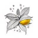 a tatoo of a lemon fruit with two leaves attached, leaves are made of 100$ bills tattoo design idea