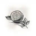 a tatoo of a lemon fruit with two leaves attached, leaves are made of 100$ bills tattoo design idea