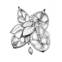 a lemon fruit with two leaves attached to it, leaves are made out of mone tattoo design idea